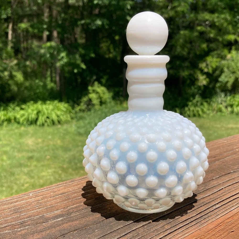 Vintage Fenton Opalescent White Hobnail Perfume Bottle Milk Glass Stopper Cork